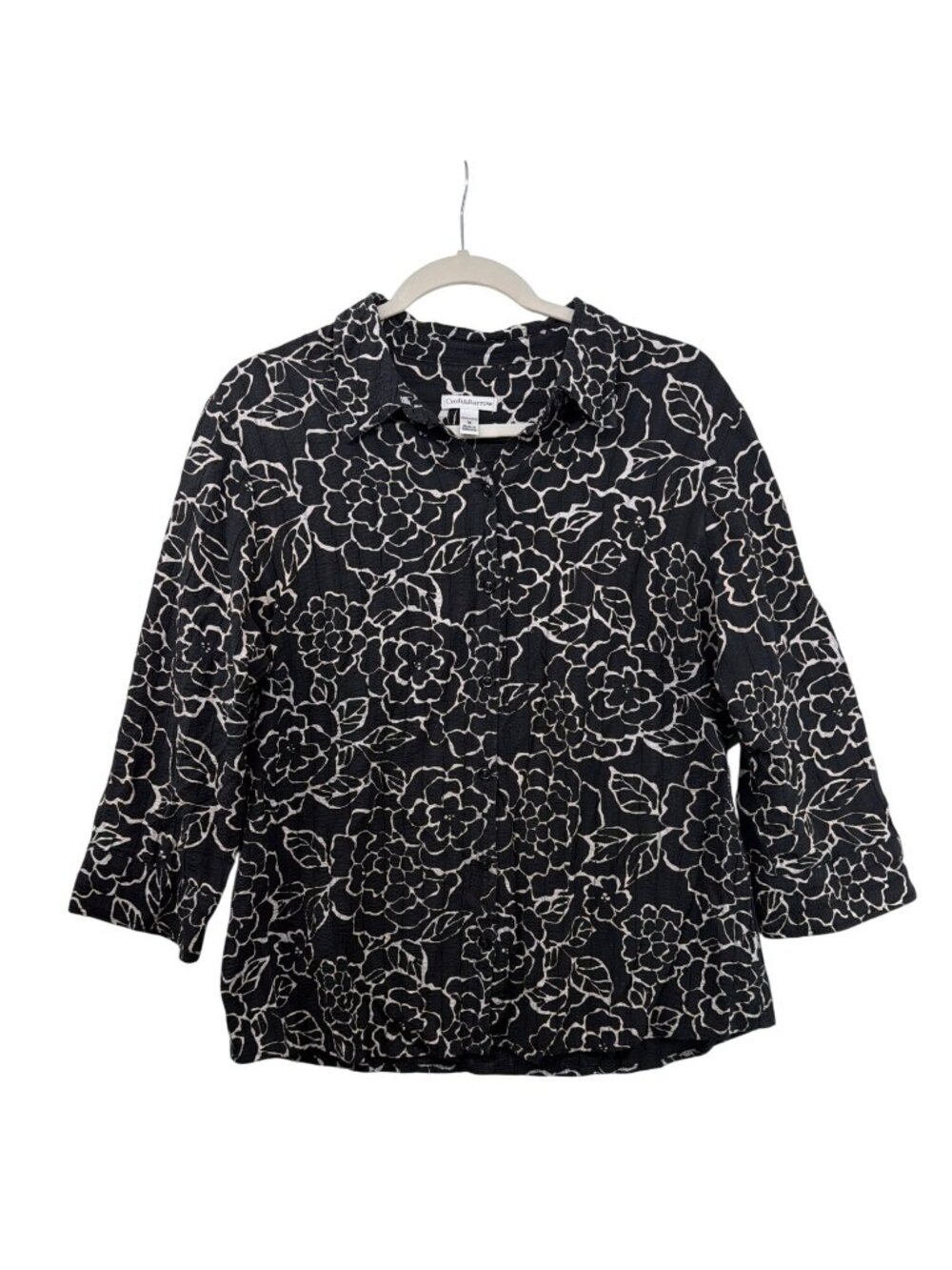 Croft & Barrow Womens Top Sz M Black/Beige Floral Long-Slv Cottage Fairy Stretch